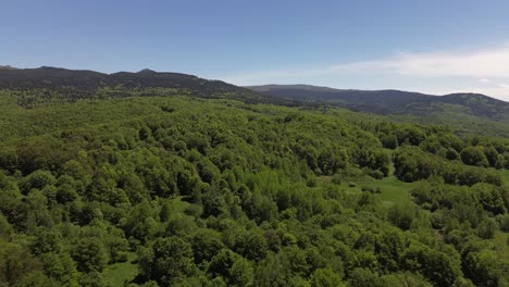 Aerial-drone-shot,-flying-over-forest-covered-range-in-Bulgaria