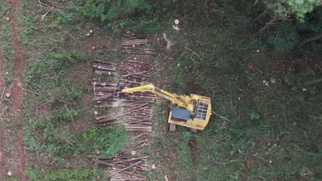 Vista-Aérea-Del-Cargador-De-Troncos-Con-Orugas-Deforestando-Una-Zona-Boscosa