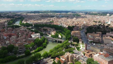 High-Aerial-View-Above-Tiber-River-in-Downtown-Rome,-Italy-on-Beautiful-Summer-Day