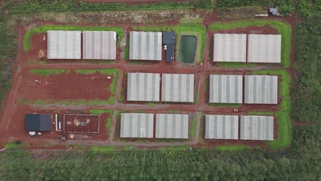 An-aerial-view-of-a-large-scale-horticultural-production-facility-in-Misiones,-Argentina,-featuring-rows-of-greenhouses-and-a-water-reservoir