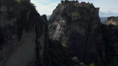 Drone-passing-close-over-rock-pillar-formations-Meteora-greece-Day