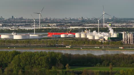 Heavy-industrialised,-chemical-refinery-plant,-vehicle-transport,-nature