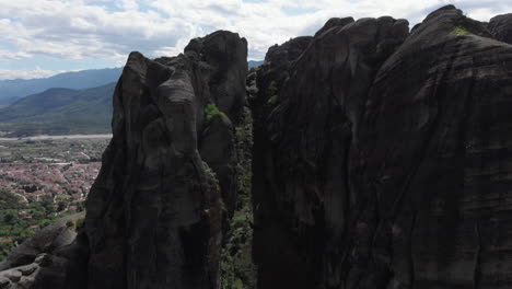 Aerial-view-Rock-boulder-formation-Meteora-Greece-parallax-movement