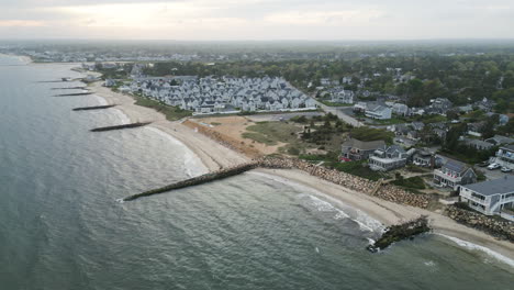 Sunset-Aerial-View-Of-Beaches-And-Houses-In-Dennis-Port,-Nantucket-Sound,-Massachusetts