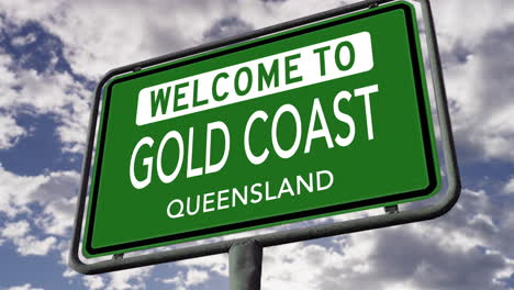 Welcome-to-Gold-Coast,-Queensland,-Australia,-City-Road-Sign,-Realistic-3D-Animation