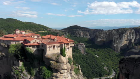 Drone-over-Monastery-of-Varlaam-Meteora-Greece-Sunny-day-spring-church