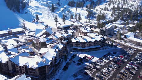 Aerial-View-of-Palisades-Ski-Resort,-Lake-Tahoe,-California-USA,-Ski-Lifts-and-Gondola-on-Sunny-Winter-Day