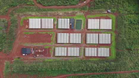 An-aerial-view-of-a-horticultural-production-facility-in-Misiones,-Argentina,-featuring-multiple-greenhouses-and-a-water-reservoir-and-red-rich-fertile-soil