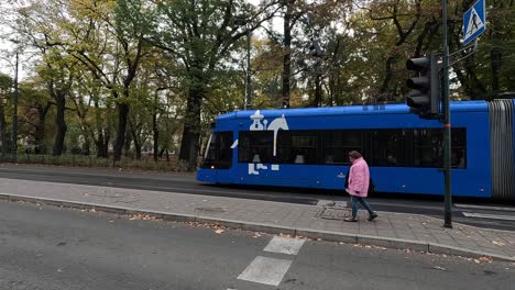 Eine-Blaue-Straßenbahn-Fährt-Durch-Die-Stadt