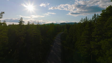 Drone-flying-along-small-road-among-tree-tops-in-the-woods-on-sunny-summer-day