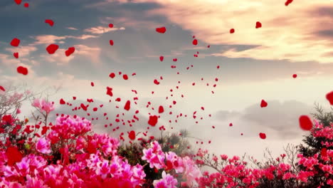 Fantasievolle,-Helle-Ambientelandschaft-Mit-Wunderschönem-Morgenhimmel,-Bergen,-Blumen,-See,-Altem-Haus-Mit-Einfacher-Animation-Im-Japanisch-chinesischen-Anime-Aquarell-Stil