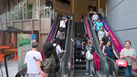 Chinesische-Käufer-Fahren-Auf-Automatischen-Rolltreppen,-Wenn-Sie-Ein-High-End-Einkaufszentrum-In-Hongkong-Betreten