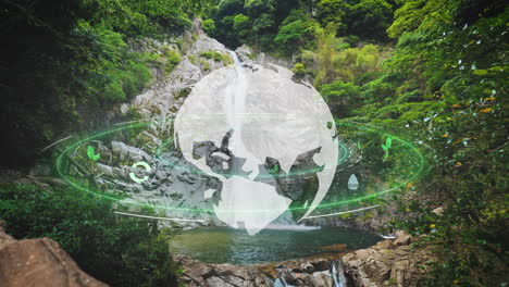 Wide-angle-shot-of-lush-forest-with-waterfall-cascading-into-clear-pool,-semi-transparent-digital-globe-with-green-eco-symbols-hovers,-blending-nature-and-technology-themes-for-eco-friendly-topics