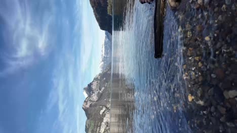 Vertical-low-level-video-of-clear-water-from-lake,-Swiss-Alps-background