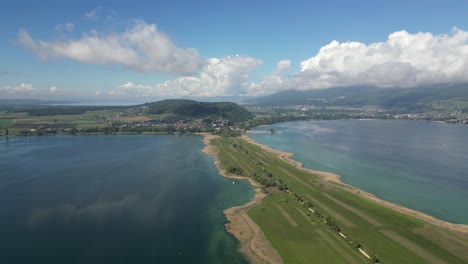 Aerial-view-of-a-peninsula-on-Lake-Biel-in-the-canton-of-Bern,-Switzerland