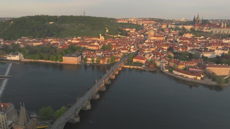 Prague,-Czech-Republic---Famous-Charles-Bridge-Spanning-the-Vltava-River---Aerial-Drone-Shot