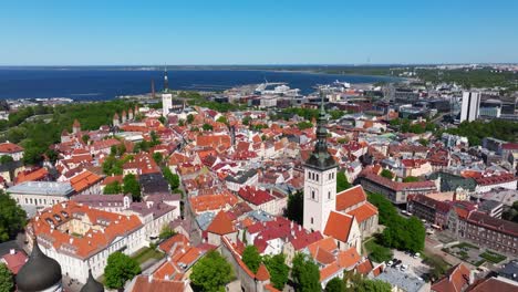 Drone-Shot-Above-Tallinn,-Estonia-Old-Town---Summertime