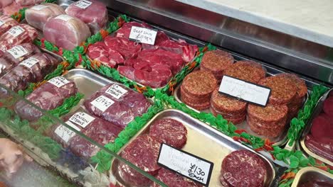 Close-up-of-cuts-of-raw-meat-on-display-at-traditional-English-butchers-shop-in-Oxford,-England-UK