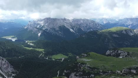 Drone-Aerial-Flight-Over-Majestic-Mountain-Peaks-Dolomites,-Italy