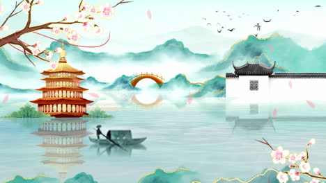 Mysterious-landscape-China's-traditional-Oriental-Digital-Art-animation,-Chinese-retro-painting-ink-misty-mountain-with-flowers,-tree,-birds,-river-in-fog-background