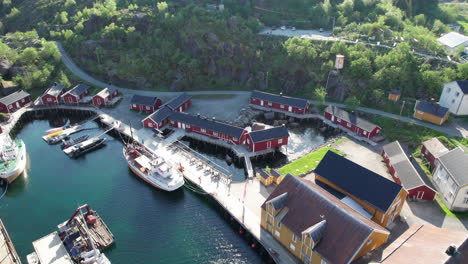 Flying-Over-Nusfjord:-A-Dreamy-Fishing-Village-in-Spring,-Lofoten-Islands,-Norway