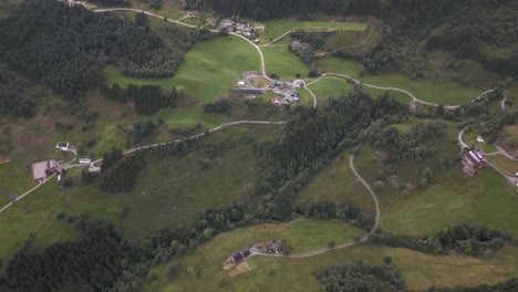 Drone-Shot-of-Farms-in-Bontveit,-Bergen,-Norway