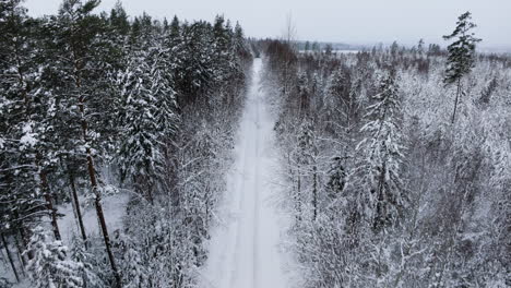 Drone-Volando-A-Lo-Largo-De-Una-Carretera-De-Invierno-Cubierta-De-Nieve-En-Un-Clima-Nublado