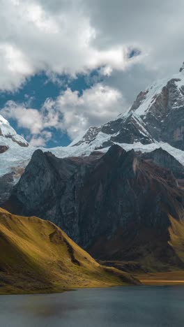 Vertical-4k-Timelapse,-Clouds-Moving-Above-Glacier-and-Snow-Capped-Peaks-of-Andes-Mountain-Range