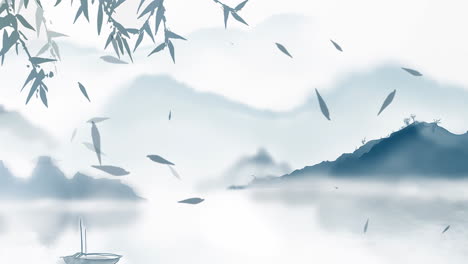 Fantasy-bright-ambience-landscape-of-beautiful-morning-sky,-mountains,-flowers,-lake,-ancient-house-with-simple-animation-in-Japanese-Chinese-anime-watercolour-style