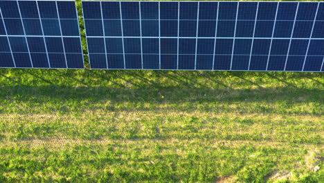 Luftaufnahme-Von-Oben-Der-Solarpanelenfläche-Auf-Einer-Wiese-Während-Des-Sonnenuntergangs