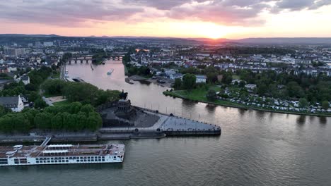 Aerial-drone-view-on-deutsche-eck,-where-the-moselle-and-rhine-river-meet-at-Koblenz,-Germany