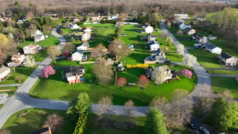 American-neighborhood-of-middle-class-houses-and-homes-with-bright-spring-trees-with-flowering-blossoms