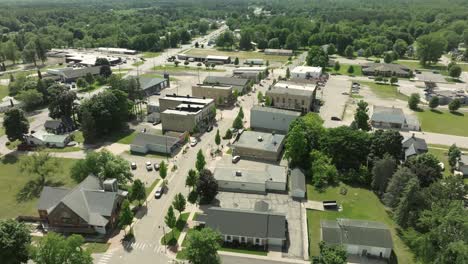 Howard-City,-Michigan-downtown-with-drone-video-moving-in-at-an-angle