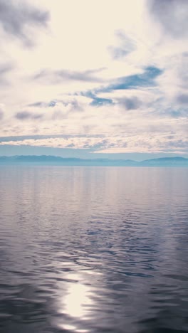 Vista-Aérea-Vertical,-Lago-Tahoe-Usa,-Cielo-Y-Nubes-Reflejan-Reflejos-En-Aguas-Tranquilas-Y-Horizonte