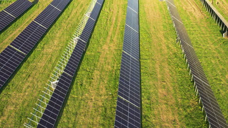 Aerial-flyover-solar-panel-farm-during-installation-process-at-sunset-time