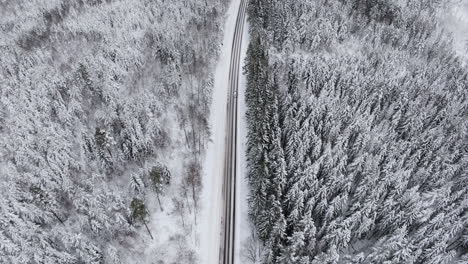 Car-driving-along-snowy-winter-road-with-trees-on-both-sides