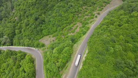 Draufsicht-Shooting-Eines-LKWs,-Der-Durch-Das-Dorf-Auf-Der-Landstraße-In-Wunderschönen-Grünen-Wiesen-Und-Sonnigen-Bergen-Fährt