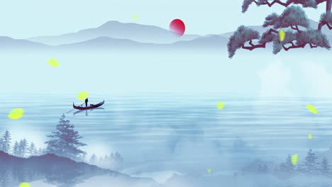 Mysterious-landscape-China's-traditional-Oriental-Digital-Art-animation,-Chinese-retro-painting-ink-misty-mountain-with-flowers,-tree,-birds,-river-in-fog-background