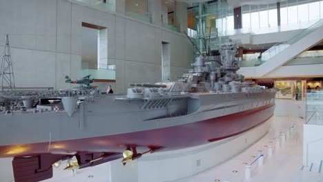 Slow-pan-across-stern-of-Yamato-1-tenth-scale-model-on-display-of-world-war-ii-imperial-Japanese-Navy