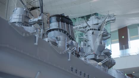 Slow-pan-over-the-worlds-largest-battleship-display-in-Hiroshima-Prefecture-of-Japan