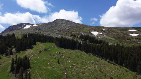 Rising-Drone-shot-of-a-mountain-hill-in-spring-with-some-snow,-still-lingering-and-pine-trees