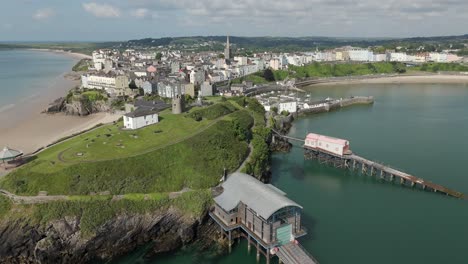 An-aerial-view-of-the-of-the-Welsh-harbour-town-of-Tenby-in-Pembrokeshire,-South-Wales,-on-a-sunny-summer-morning