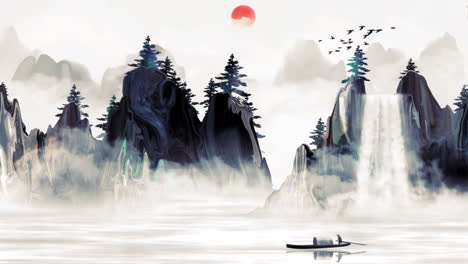 Fantasy-bright-ambience-landscape-of-beautiful-morning-sky,-mountains,-flowers,-lake,-ancient-house-with-simple-animation-in-Japanese-Chinese-anime-watercolour-style