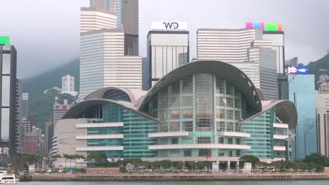 Situated-along-Victoria-Harbour-amidst-Hong-Kong's-skyline,-the-Hong-Kong-Convention-and-Exhibition-Centre-stands-as-one-of-the-city's-premier-venues-for-conventions-and-exhibitions