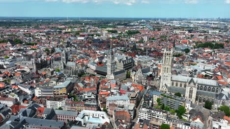 Belfry-of-Ghent,-Saint-Nicholas'-Church,-Saint-Bavo's-Cathedral,-East-Flanders,-Ghent,-Flemish-Region,-Belgium,-June-2022