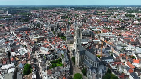 Belfry-of-Ghent,-Saint-Nicholas'-Church,-Saint-Bavo's-Cathedral,-East-Flanders,-Ghent,-Flemish-Region,-Belgium,-June-2022