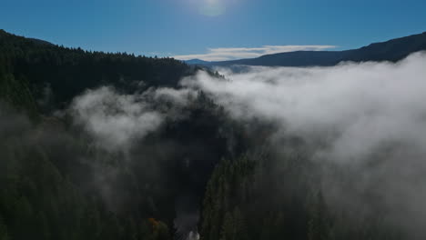 Dolly-Aéreo-Sigue-El-Río-Lewis-Mientras-Una-Gruesa-Capa-De-Niebla-Cubre-El-Bosque-De-árboles-Bajo-Un-Cielo-Azul