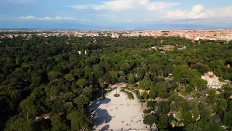 Cinematic-Aerial-View-Above-Pincio-Terrace,-Villa-Borghese-in-Rome,-Italy