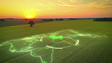 Farm-field-at-sunset-producing-organic,-renewable-food-production---aerial-and-animation-concept