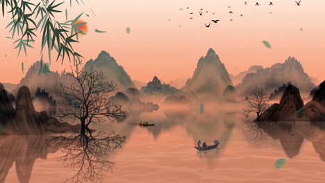 Fantasy-bright-ambience-landscape-of-beautiful-morning-sky,-mountains,-flowers,-lake,-ancient-house-with-simple-animation-in-Japanese-Chinese-anime-watercolour-style